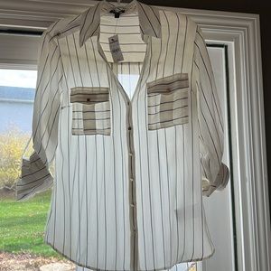 Express white/black pinstripe, gold button, brand new dress shirt